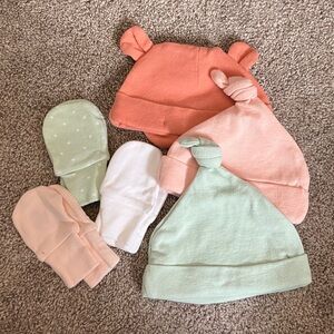 Cloud Island Newborn Hat and Mitten Set - Coral, Peach, Mint, White